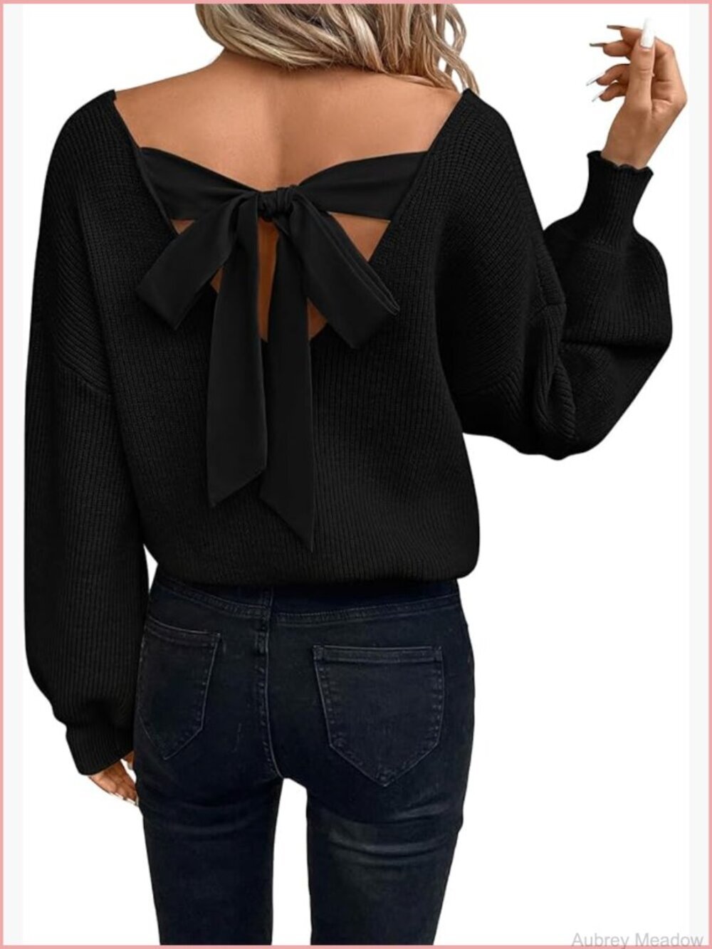 Women's V-Neck Long Sleeve Loose Fit Knit Pullover Sweater with Bow Back
